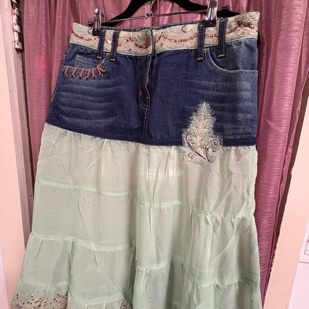 Vintage Y2K Fairycore Denim + Mint Green Midi Skirt - Picture 4 of 7